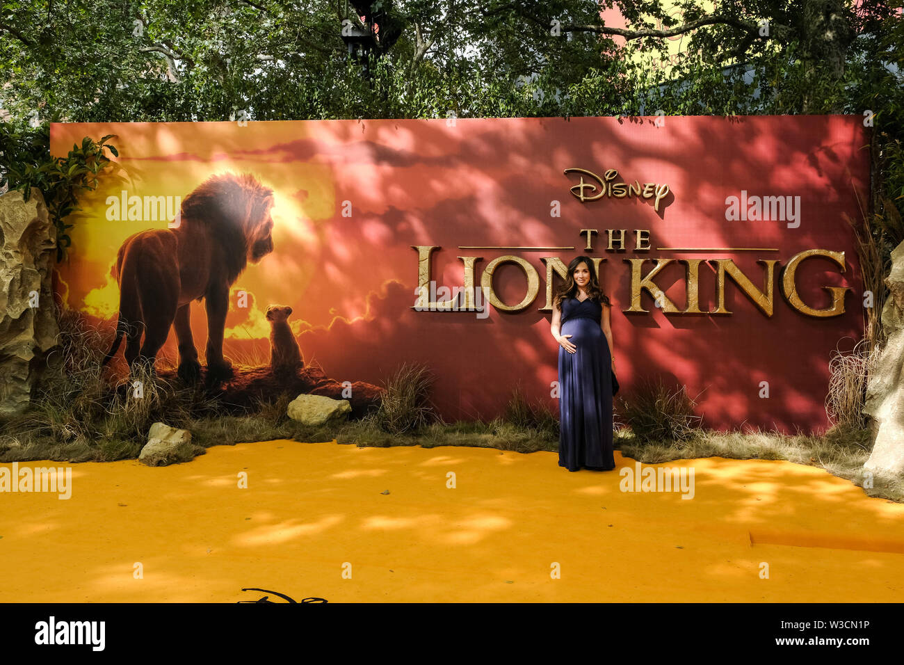 London, UK. 14th July 2019. Myleene Klass poses on the yellow carpet at the European premiere of Disneys 'The Lion King' on Sunday 14 July 2019 at ODEON LUXE Leicester Square, London. . Picture by Julie Edwards. Credit: Julie Edwards/Alamy Live News Stock Photo