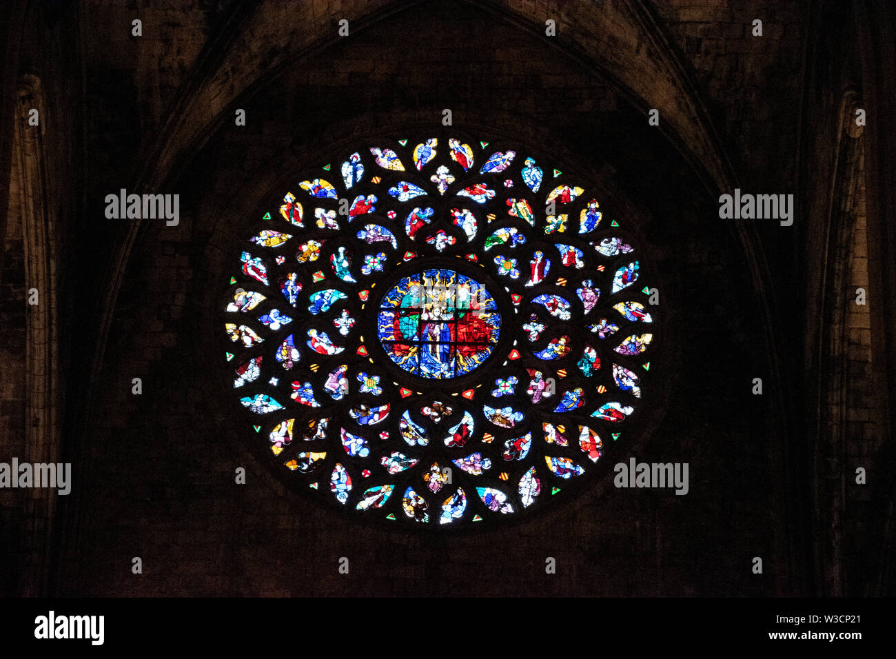 The Stained Glass Rose Window From Basilica Of Santa Maria Del Mar In Barcelona Spain Stock Photo Alamy