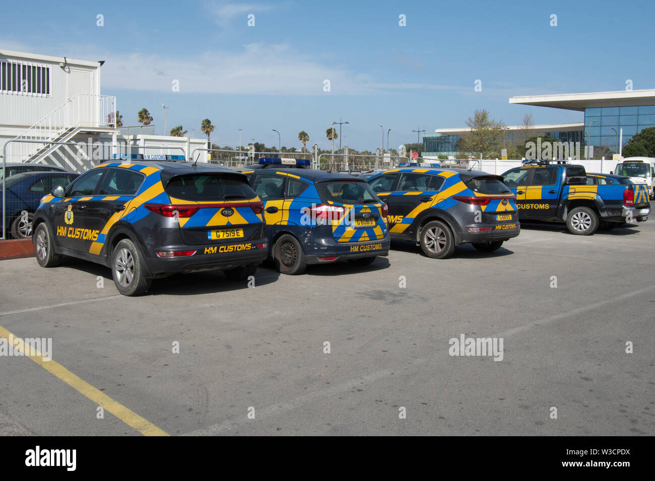 Customs officers cars Gibraltar at the border to Spain border force car