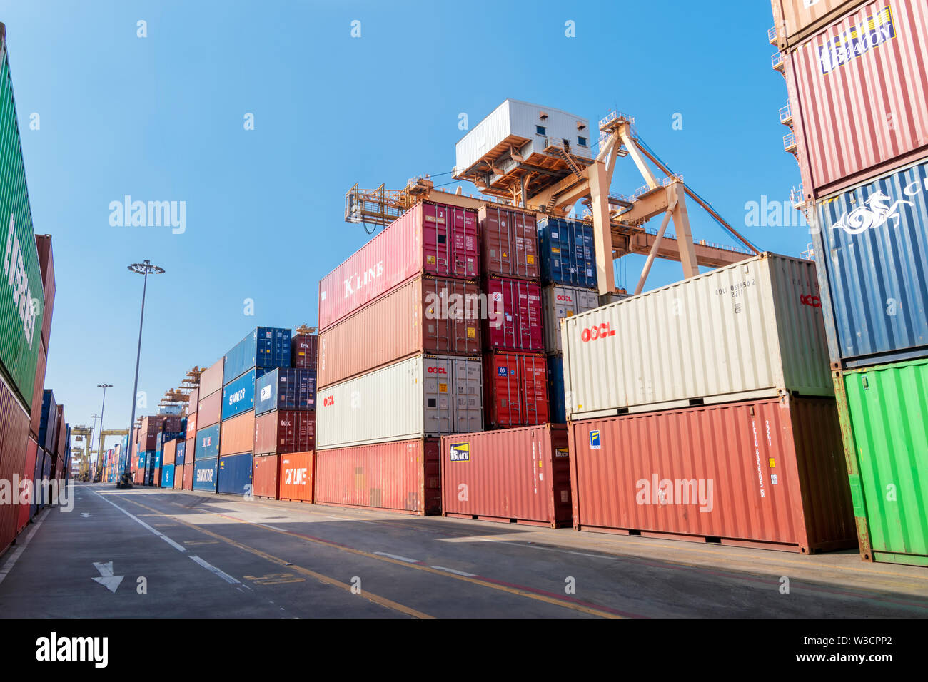 BANGKOK,THAILAND-May 19 2019 : Transportation of Container Cargo freight ship in Khlong Toei port authority of thailand (PAT)harbour. Tradewar , Logis Stock Photo