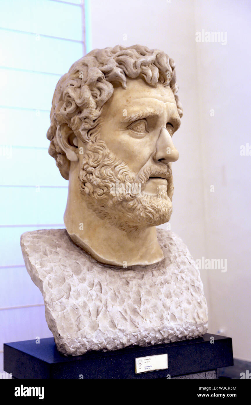 Antoninus Pius (86-161 AD). Roman emperor (138-161AD). Marble head , about 161AD. Farnese collection. Archaeological Museum, Naples. Stock Photo