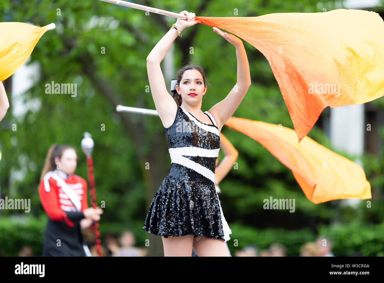Louisville, Kentucky, USA - May 2, 2019: The Pegasus Parade, Members of the Upper St Clair Music Depertment, The Pride Of USC, performing at the parad Stock Photo