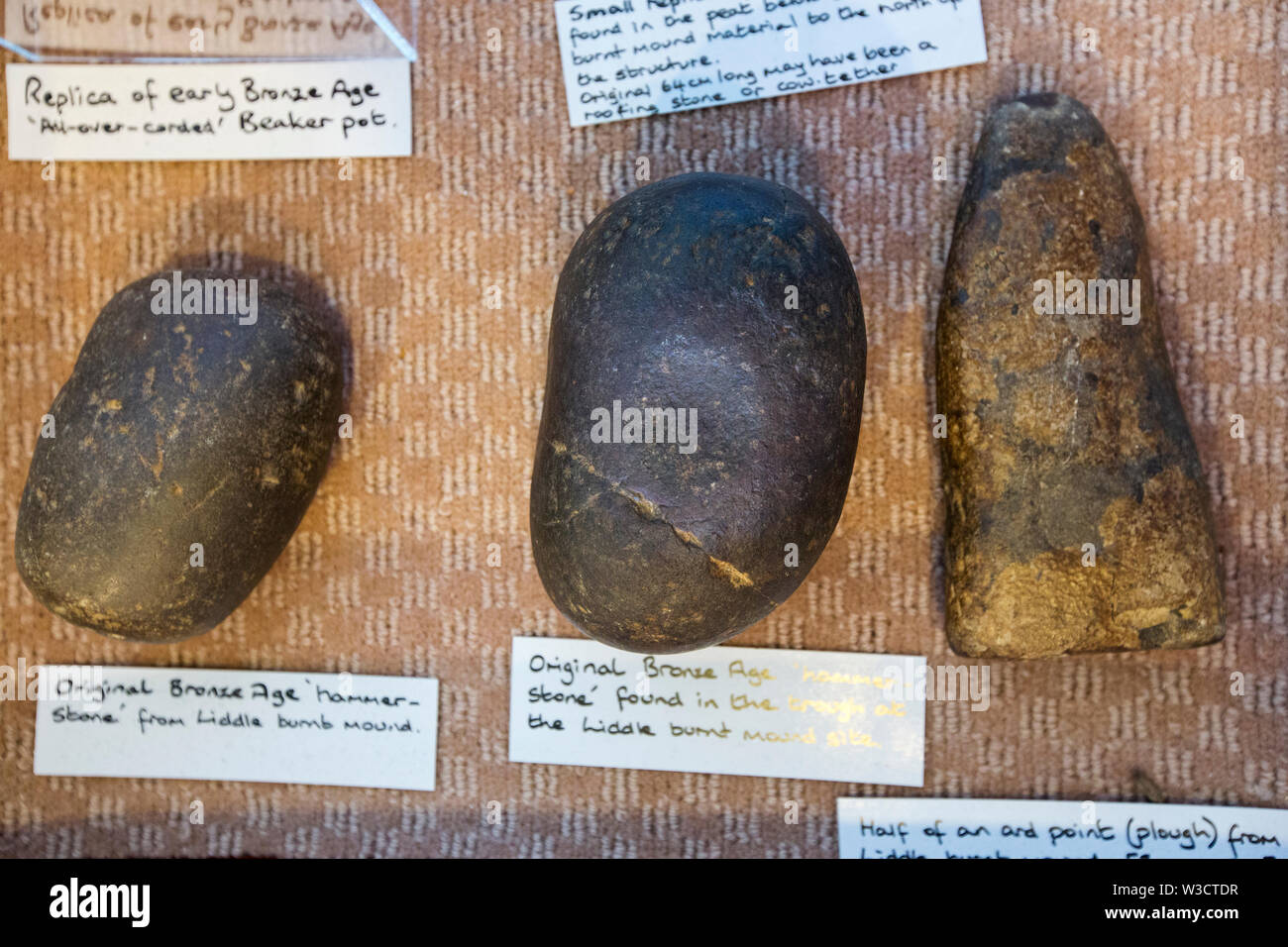 Bronze age tools on display at the Tomb of the Eagles on South Ronaldsay, Orkneys, Scotland, UK