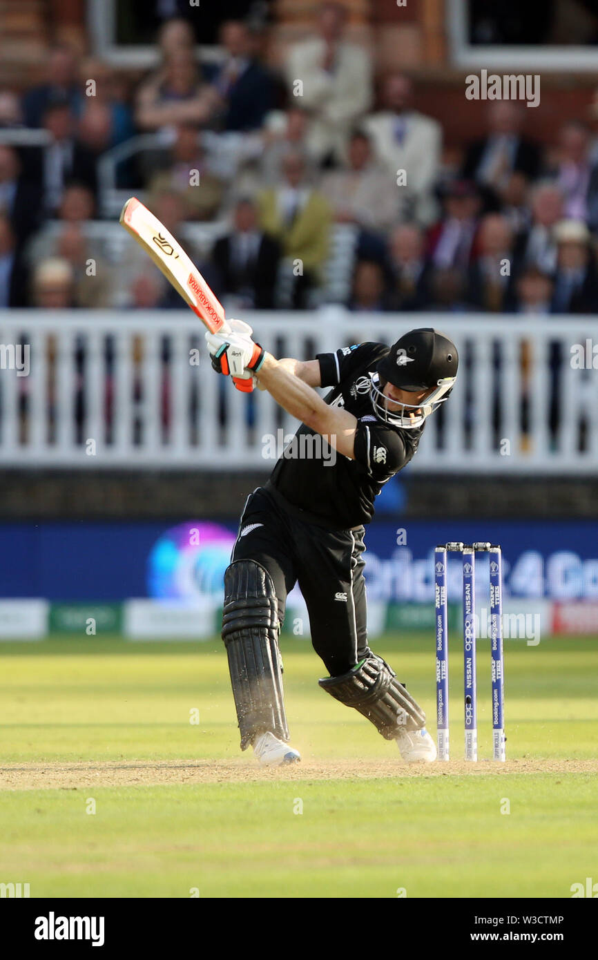 London, UK. 14th July 2019. ICC World Cup Cricket Final, England versus New Zealand; James Neesham hits a six during the super over from Jofra Archer bowling Credit: Action Plus Sports Images/Alamy Live News Stock Photo