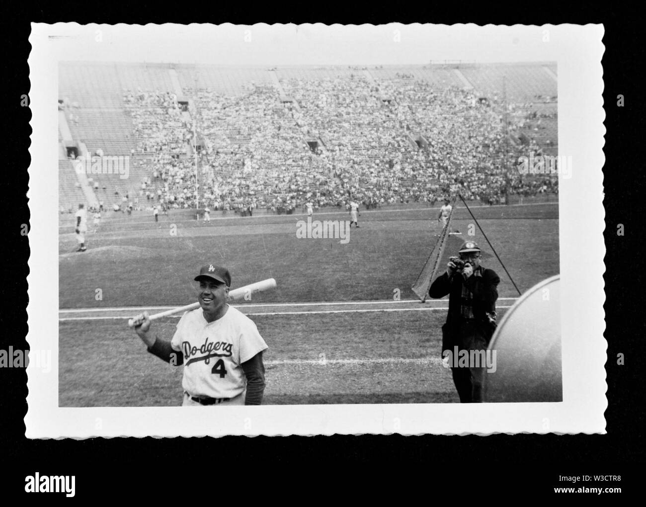 Star player Duke Snider of the Los Angeles Dodgers poses for fans photos at the Los Angeles Coliseum circa 1958 Stock Photo