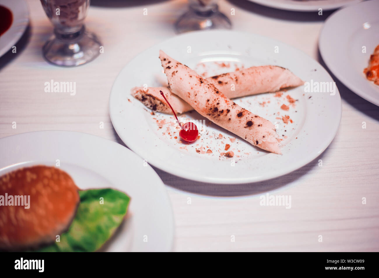 Close Up Crepes With Cottage Cheese Filling And Hamburger On The