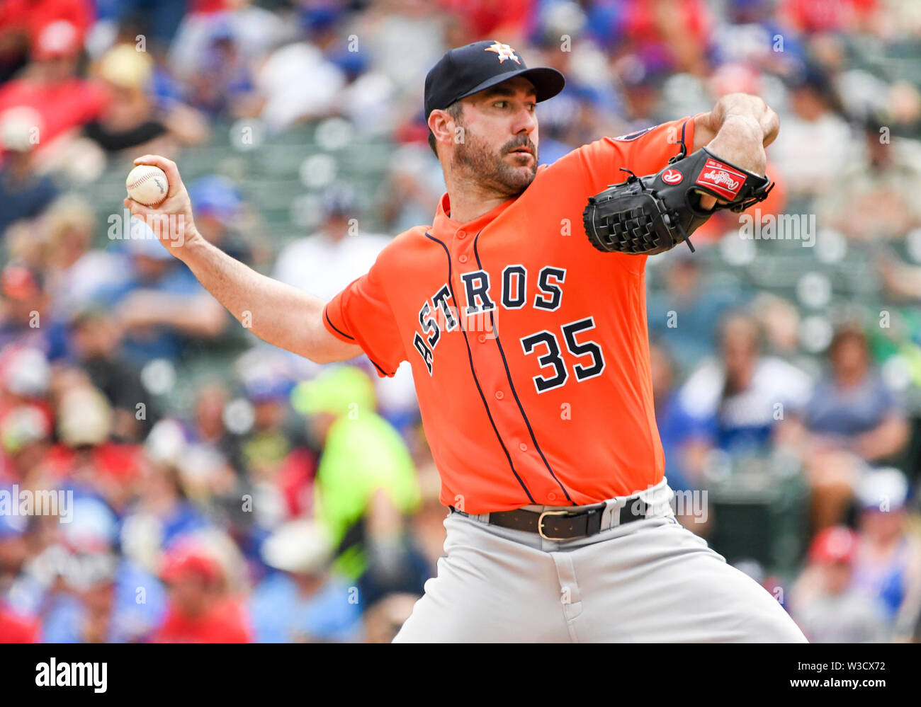 July 14, 2019: Houston Astros starting pitcher Justin Verlander #35 pitched six innings and gave up 2 runs and collected the win during an afternoon MLB game between the Houston Astros and the Texas Rangers at Globe Life Park in Arlington, TX Houston defeated Texas 12-4 Albert Pena/CSM Stock Photo