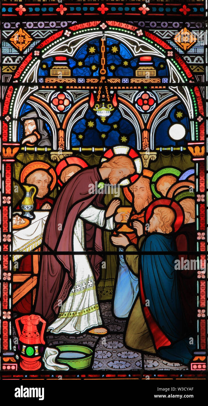 The Last Supper, Jesus offers wine, to Disciples, Old Hunstanton, stained glass window, by Frederick Preedy, 19th century Stock Photo