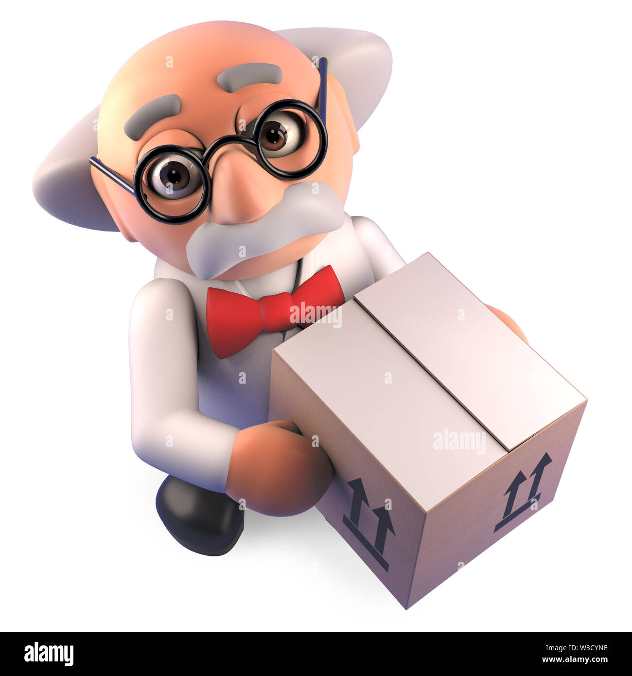 Funny mad scientist professor takes delivery of a cardboard box, 3d illustration render Stock Photo