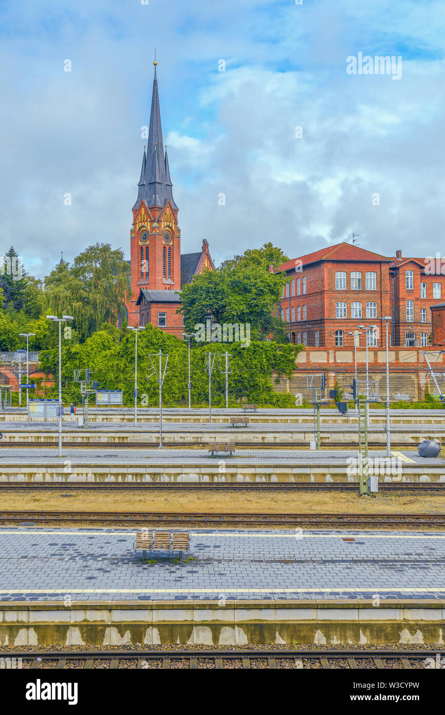 View of Frauenwerk Lutheran Church from Luebeck train station. Luebeck. Germany Stock Photo