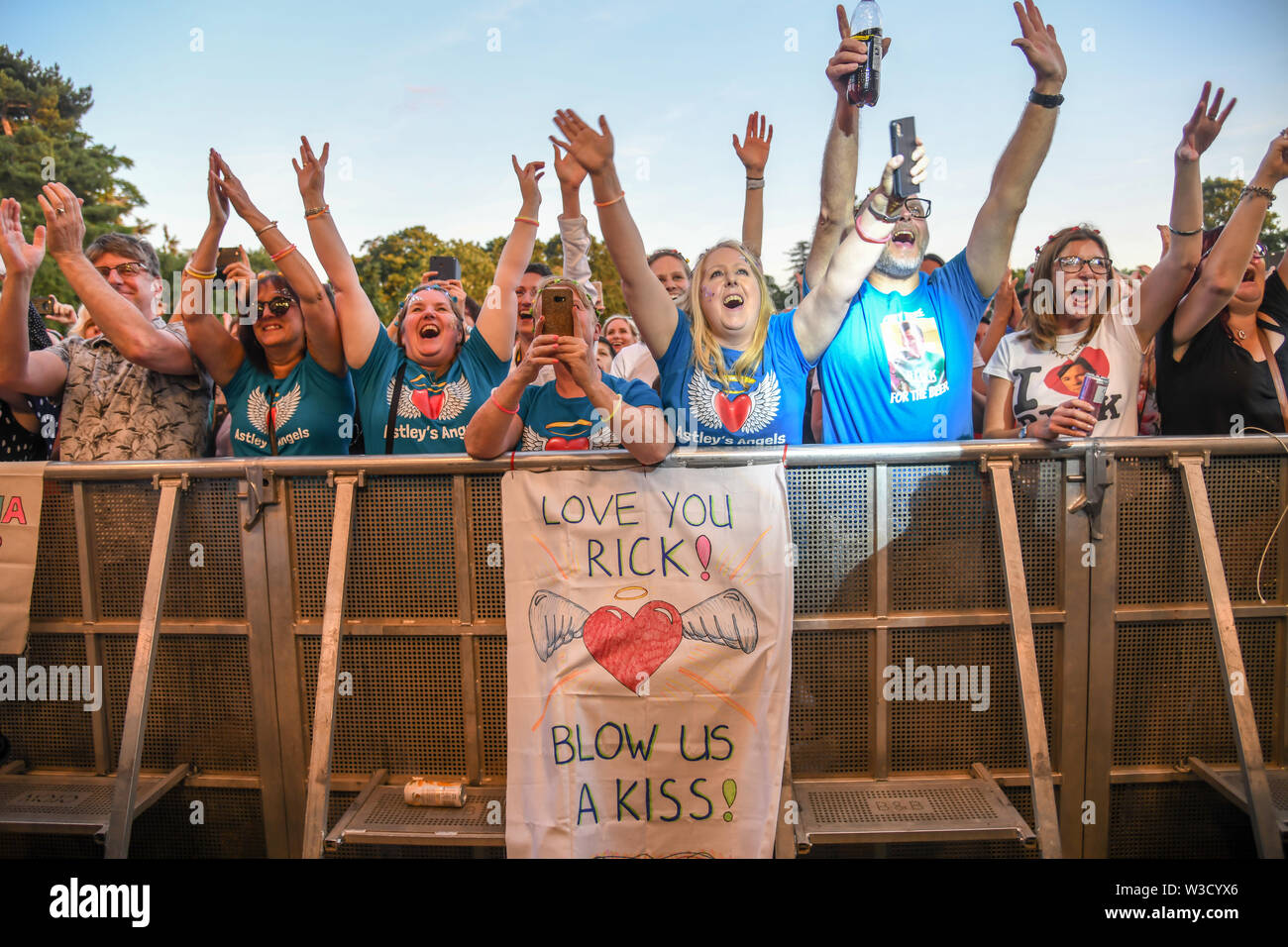 London, UK. 14th July 2019. Thousands screaming fans at Rick Astley, 80s icon returned performs at Kew the Music 2019 on 14 July 2019, London, UK. Credit: Picture Capital/Alamy Live News Stock Photo