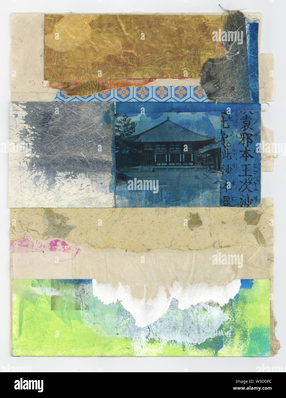 Wabi sabi zen artwork using mixed media collage with ink stains. Stock Photo