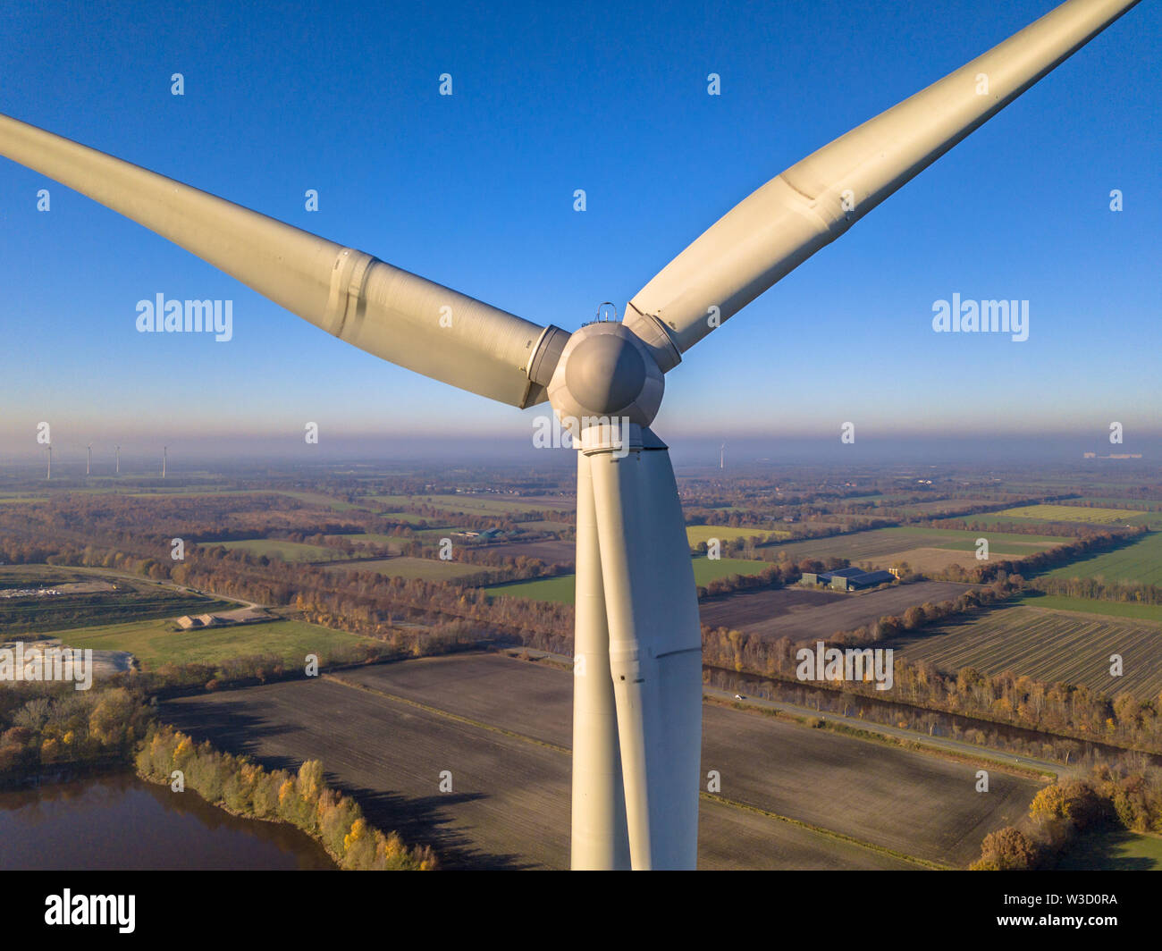 Close up aerial view of Rotor and Nacelle of Wind Turbine in german ...