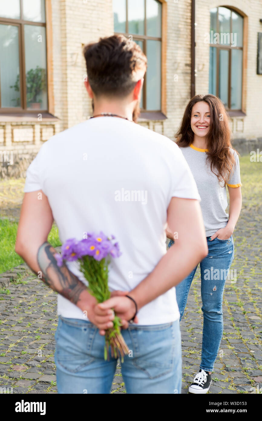 Love Story Flowers Delivery Concept Selective Focus Couple In Love Man Prepared Surprise Bouquet For Girlfriend Make Date Perfect Valentines Day Love And Romance Bouquet Gift True Feelings Stock Photo Alamy