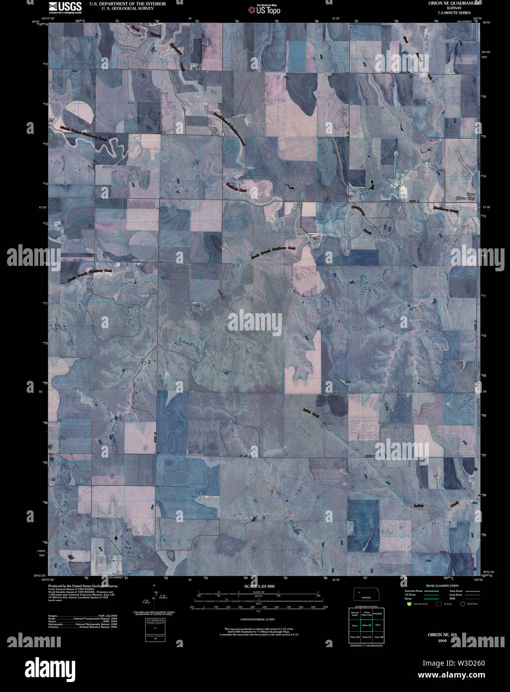 USGS TOPO Map Kansas KS Orion NE 20091126 TM Inverted Restoration Stock Photo