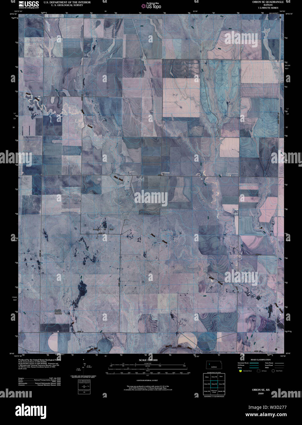 USGS TOPO Map Kansas KS Orion SE 20091126 TM Inverted Restoration Stock Photo