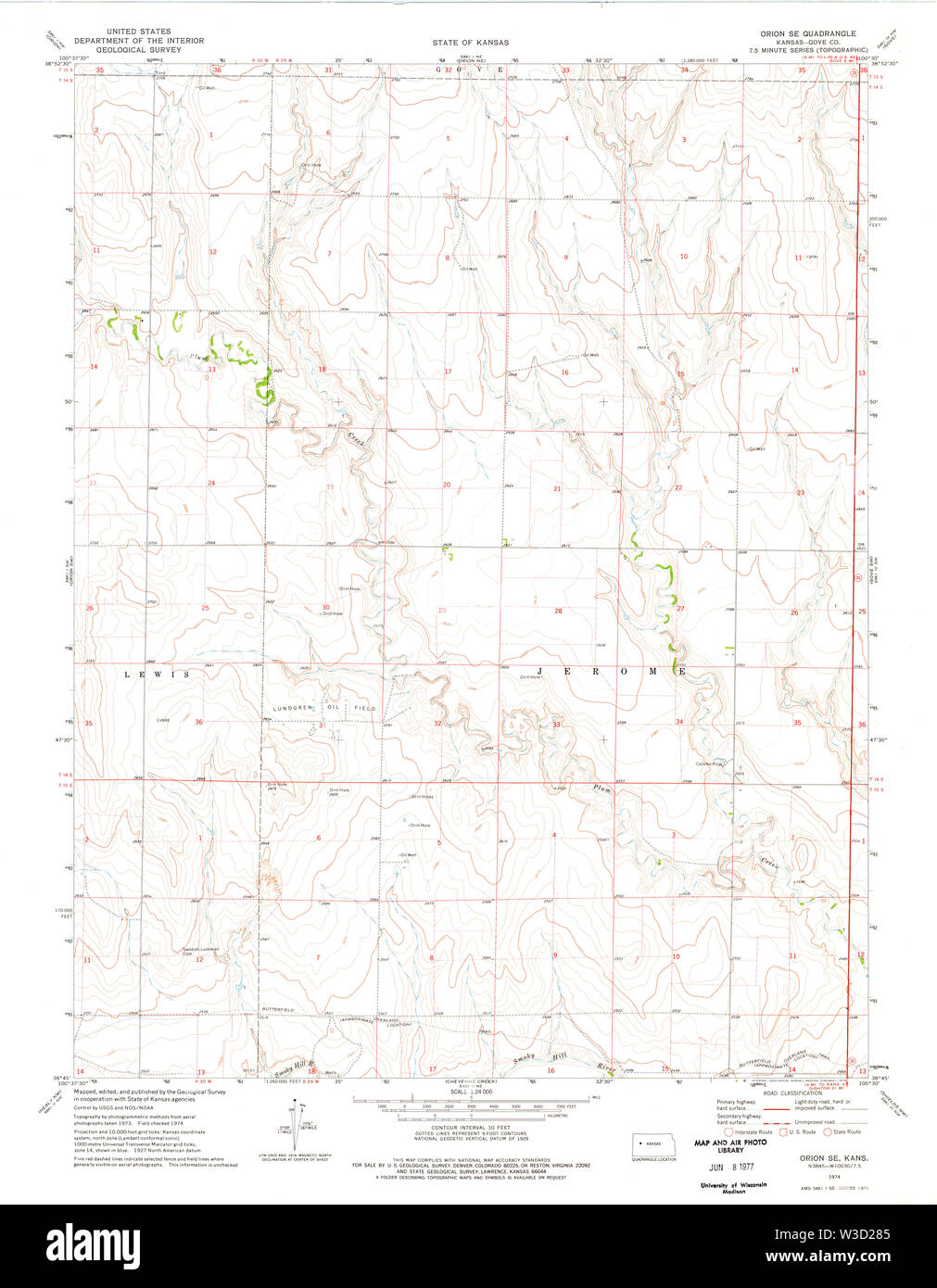 USGS TOPO Map Kansas KS Orion SE 512179 1974 24000 Restoration Stock Photo