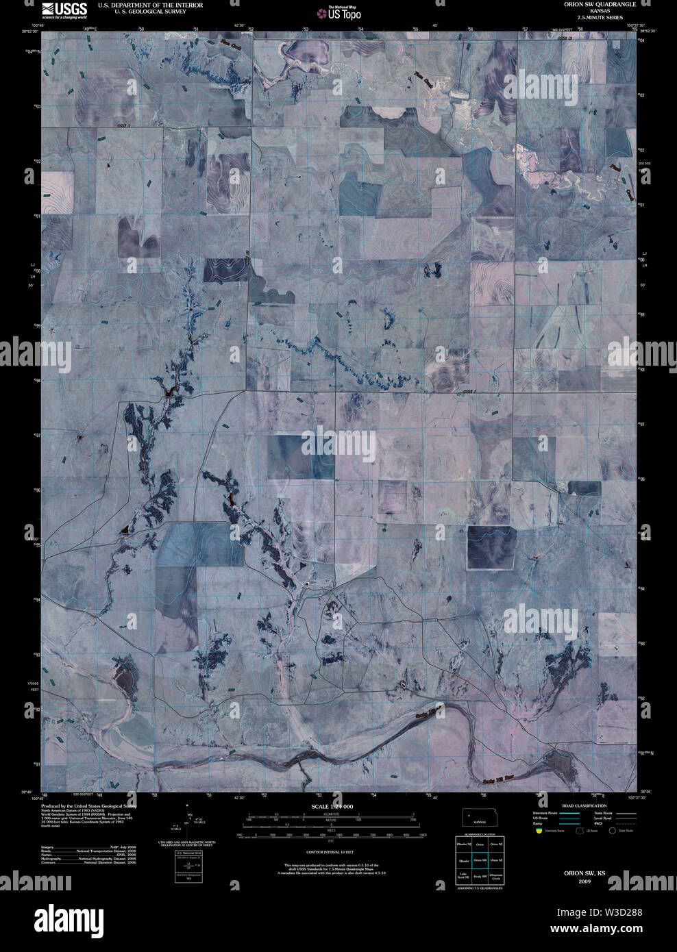 USGS TOPO Map Kansas KS Orion SW 20091126 TM Inverted Restoration Stock Photo
