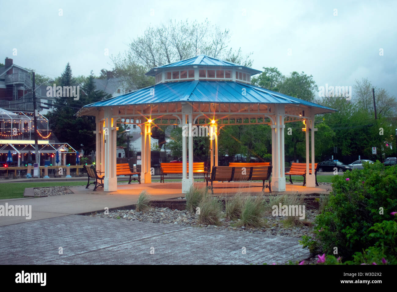 Lit gazebo at dusk at the Keyport Waterfront Park in New Jersey, USA
