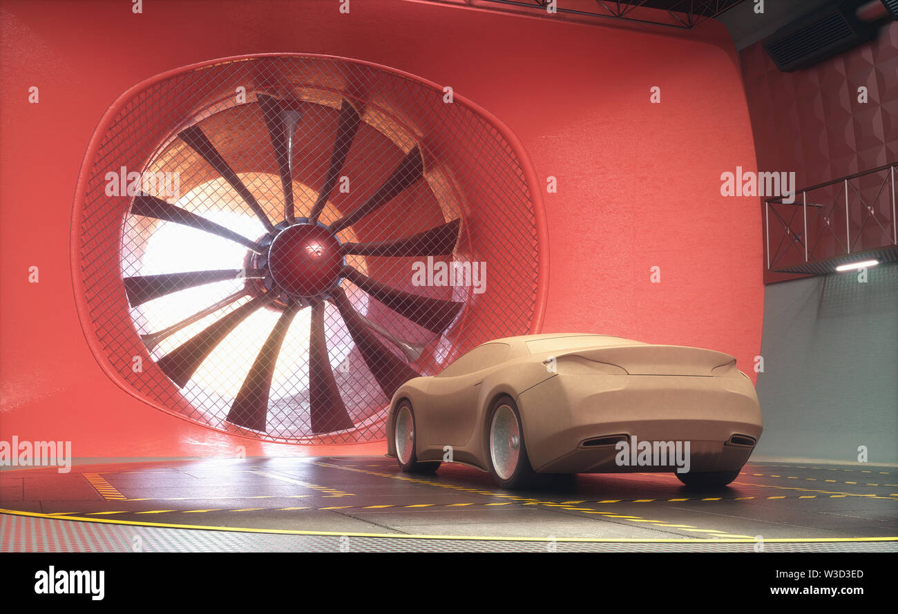 3D illustration. Clay car inside wind tunnel. Design without real car reference and without copyright. Concept sports car, industry of transportation. Stock Photo