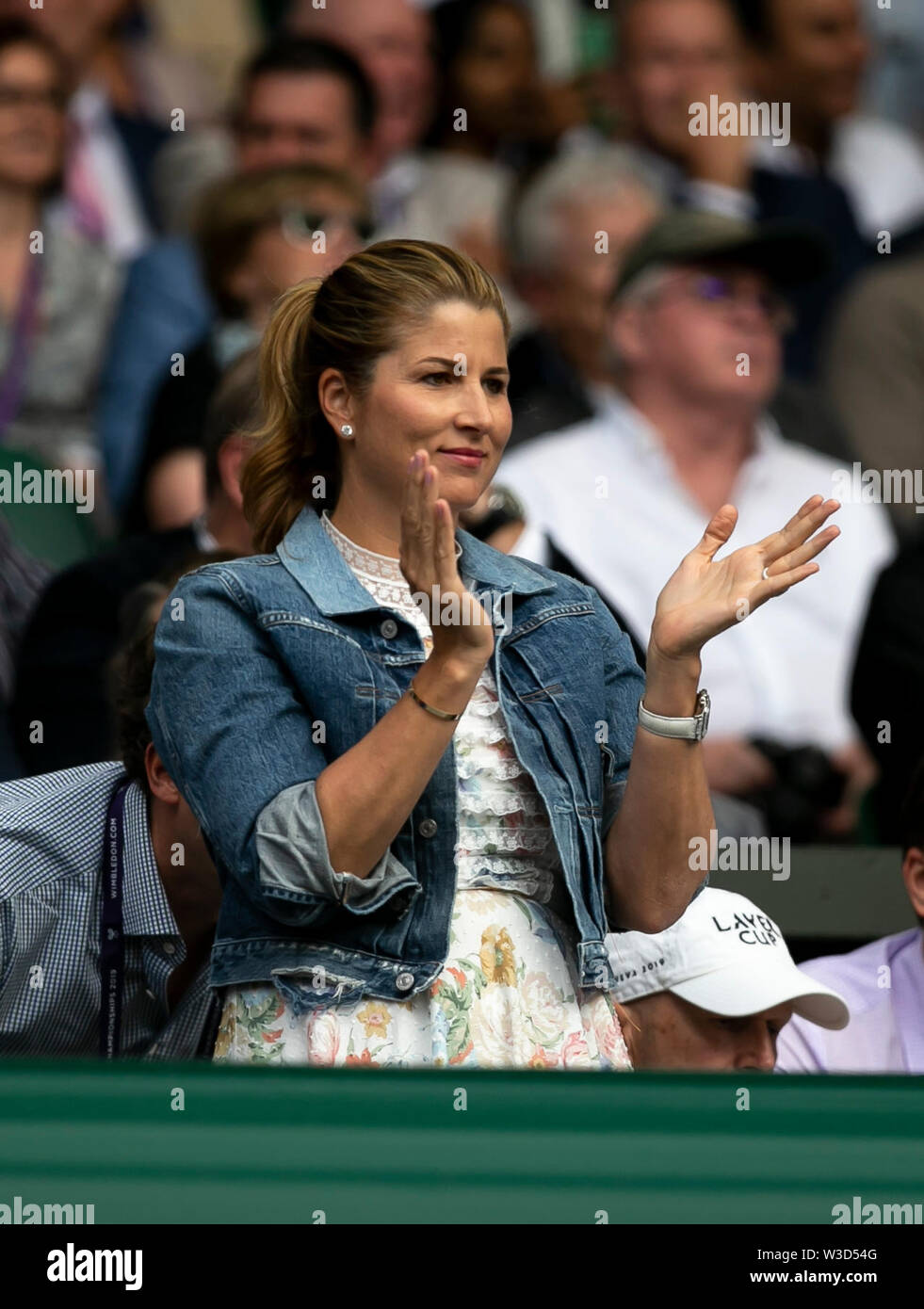 London, Britain. 14th July, 2019. Mirka Federer, wife of Roger Federer of  Switzerland is seen during the men's singles final match between Roger  Federer of Switzerland and Novak Djokovic of Serbia at
