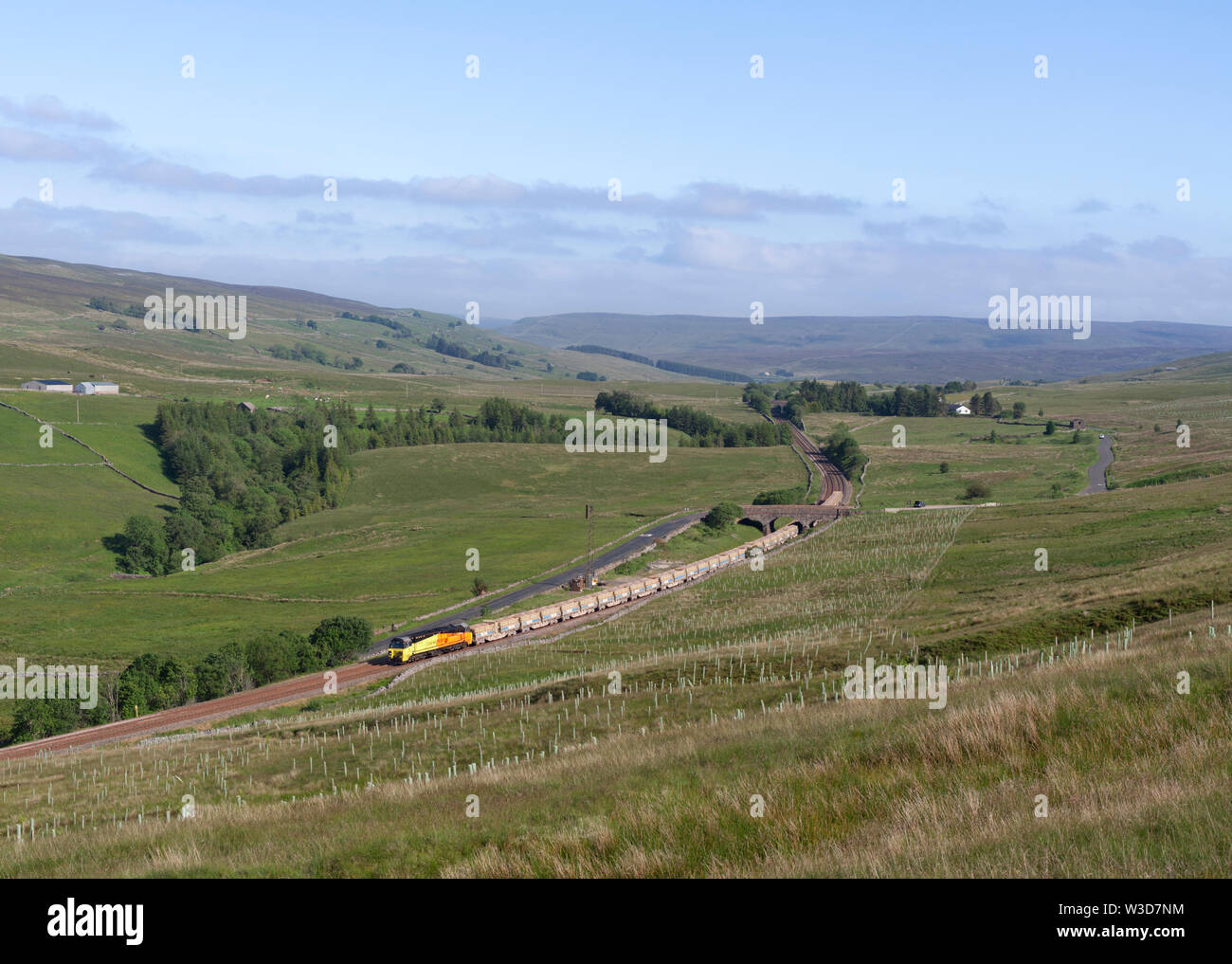 Colas Railfreight class 70 diesel passing Ais Gill on the