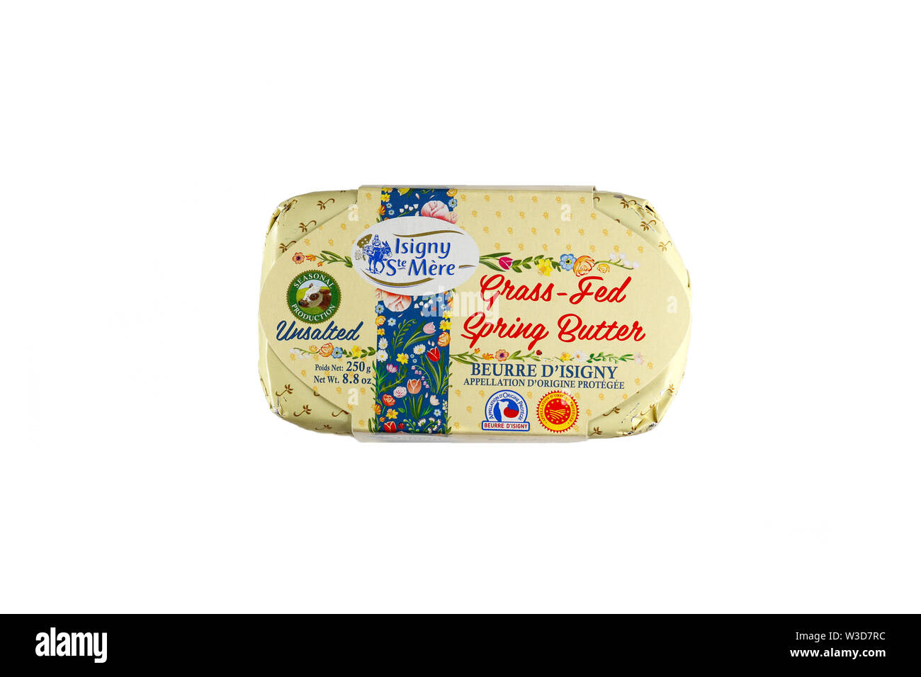 Isigny Ste Mere Spring Butter isolated on white background. cutout image for illustration and editorial use. french butter. Stock Photo