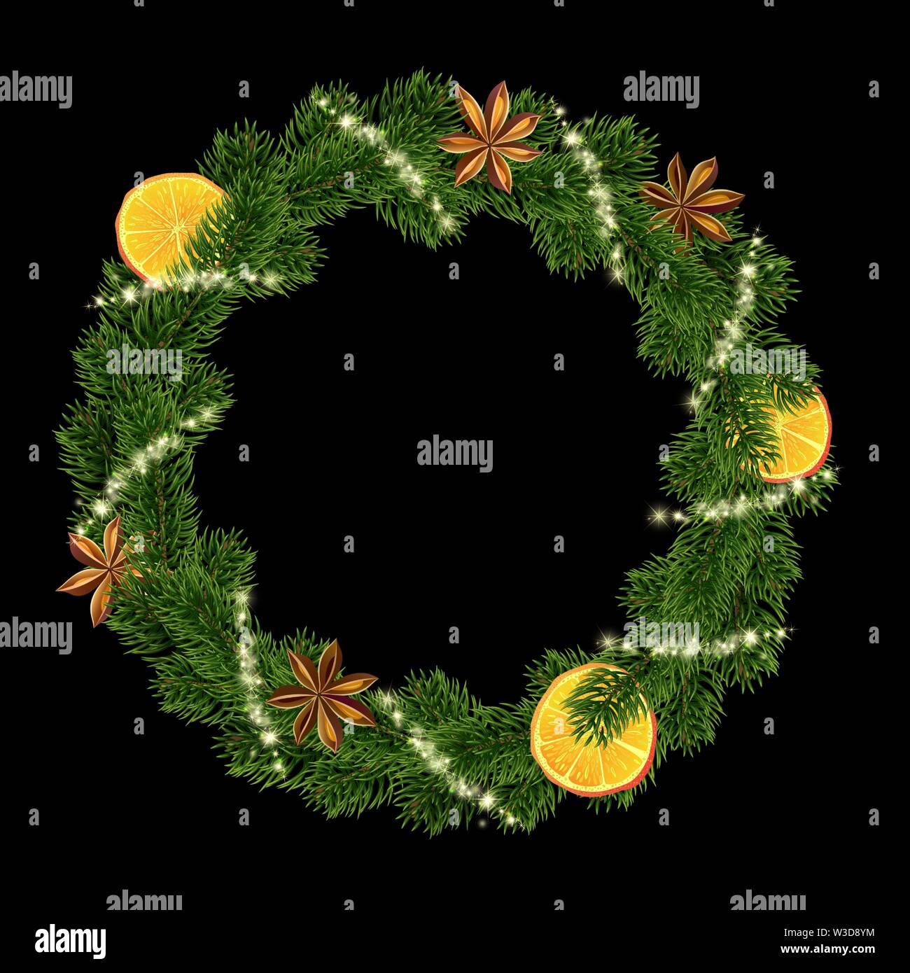 Xmas Wreath. Garland of spices, orange and fir Stock Vector