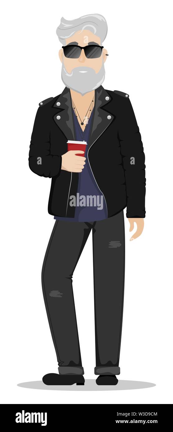A hipster man with gray hair and a beard in a leather biker jacket and sunglasses. Subculture, fashion. A cup of coffee. Flat vector cartoon illustrat Stock Vector