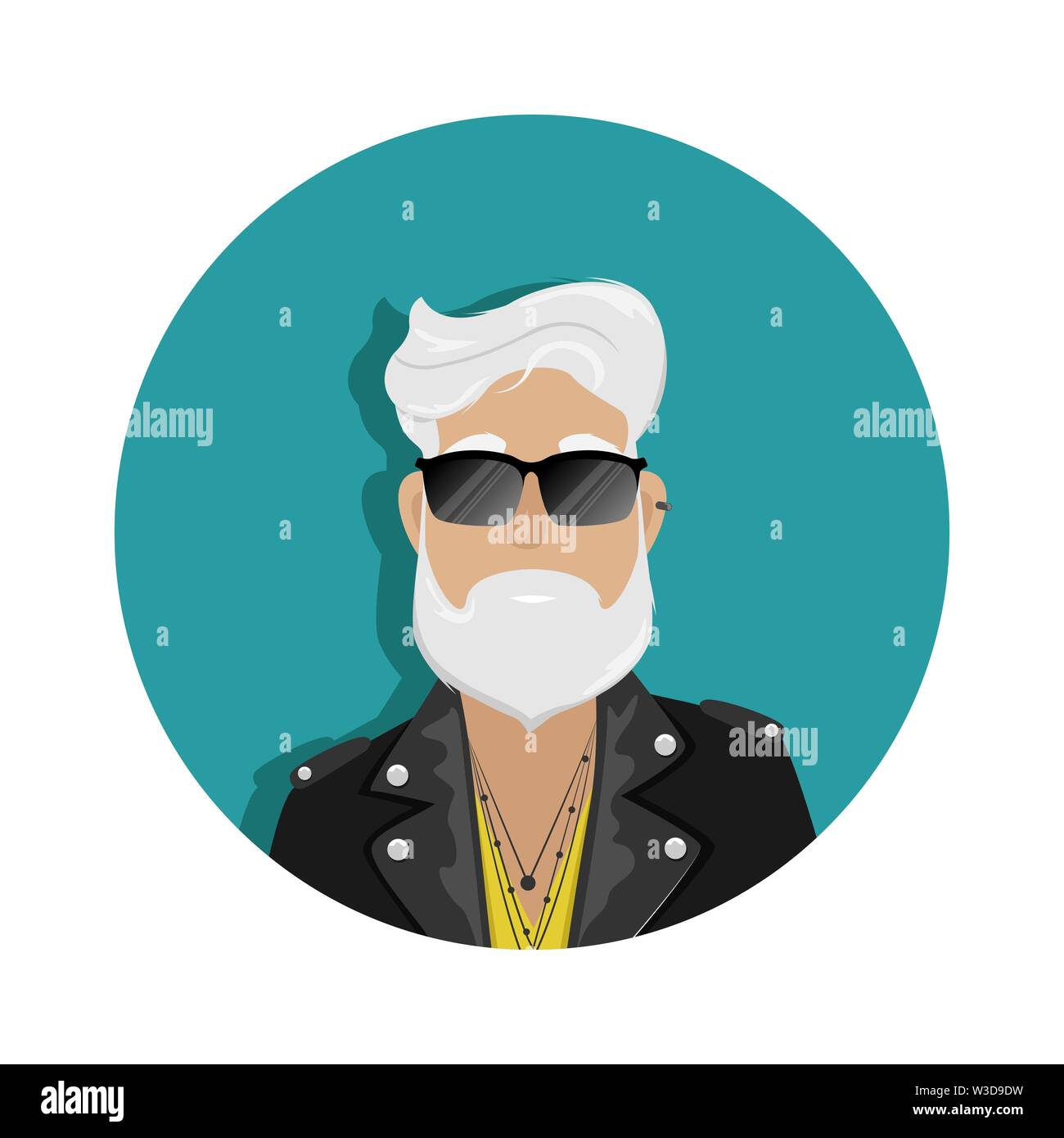 A hipster man with gray hair and a beard in a leather biker jacket and sunglasses. Subculture, fashion. Flat vector cartoon illustration Stock Vector
