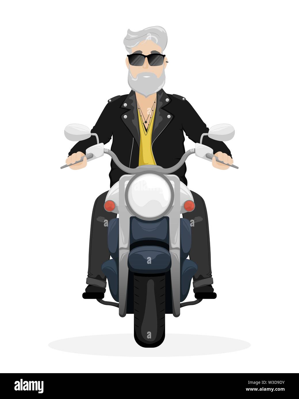 A man with gray hair and a beard on a motorcycle. A man in sunglasses and a leather jacket. Flat vector cartoon illustration Stock Vector