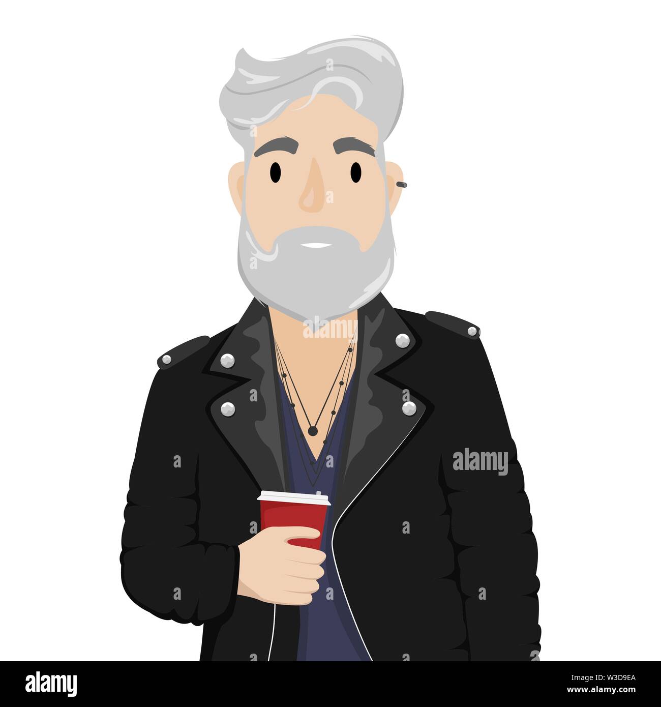 A hipster man with gray hair and a beard in a leather biker jacket with a cup of coffee. Subculture, fashion. Flat vector cartoon illustration Stock Vector