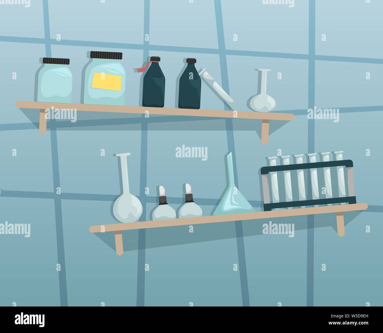 Scientific chemical laboratory. Wall shelves with scientific tools