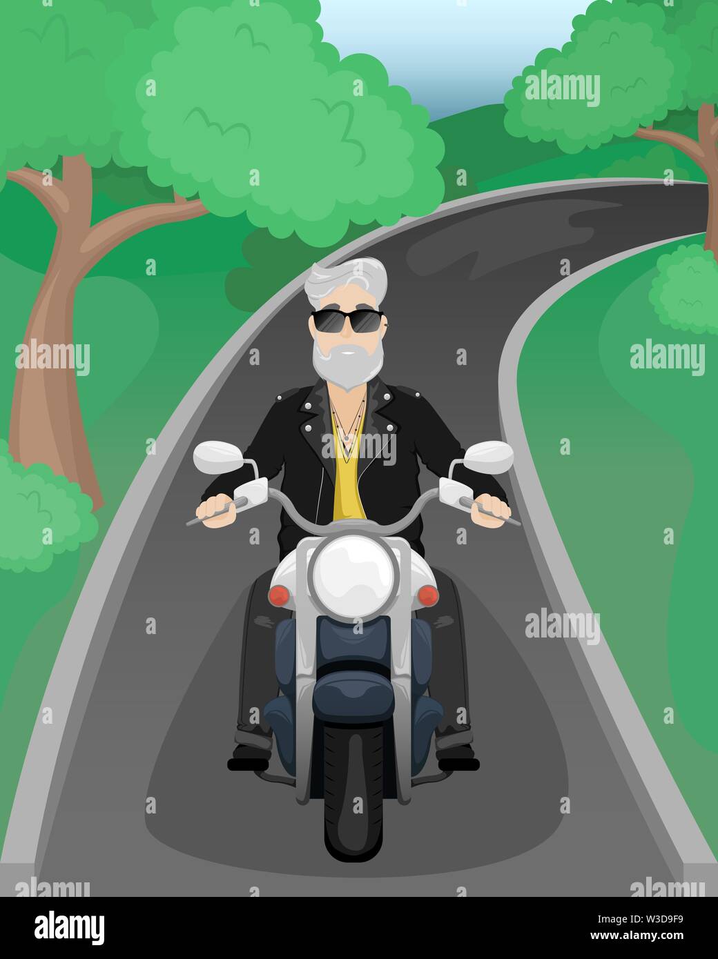 A man with gray hair and a beard on a motorcycle. A man in sunglasses and a leather jacket. Flat vector cartoon illustration Stock Vector