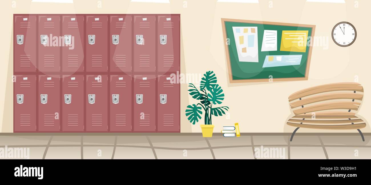 School corridor with lockers for books and clothes. Blackboard for school announcements. Flat vector isolated illustration. Stock Vector