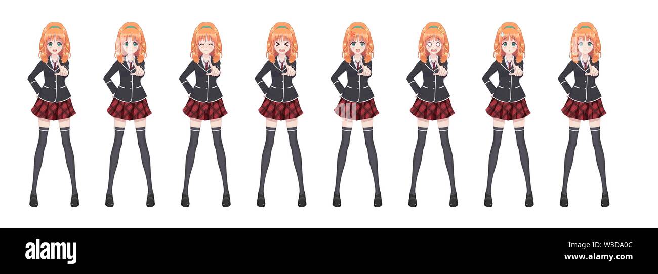 Anime manga girl, Cartoon character in Japanese style. Student girl in a  black blazer, a red skirt in a cage. Set of emotions. Sprite full length  char Stock Vector Image & Art -