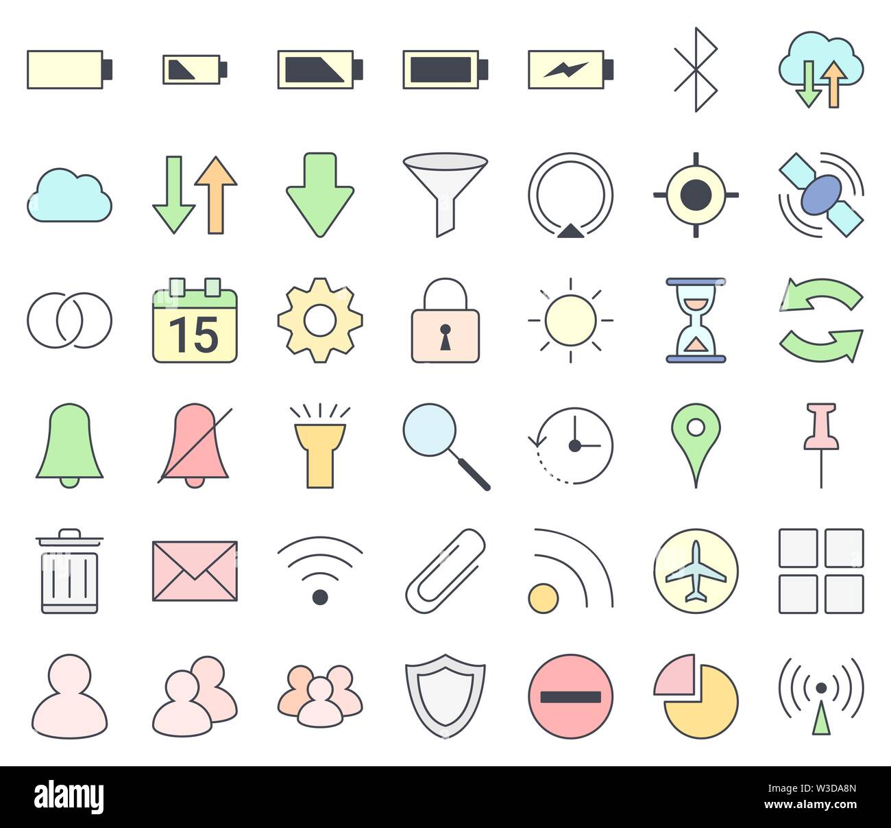 Mobile phones and smartphones interface outline icon set, filling with pastel colors - vpn, hotspot, gps, settings, calendar, cell Stock Vector