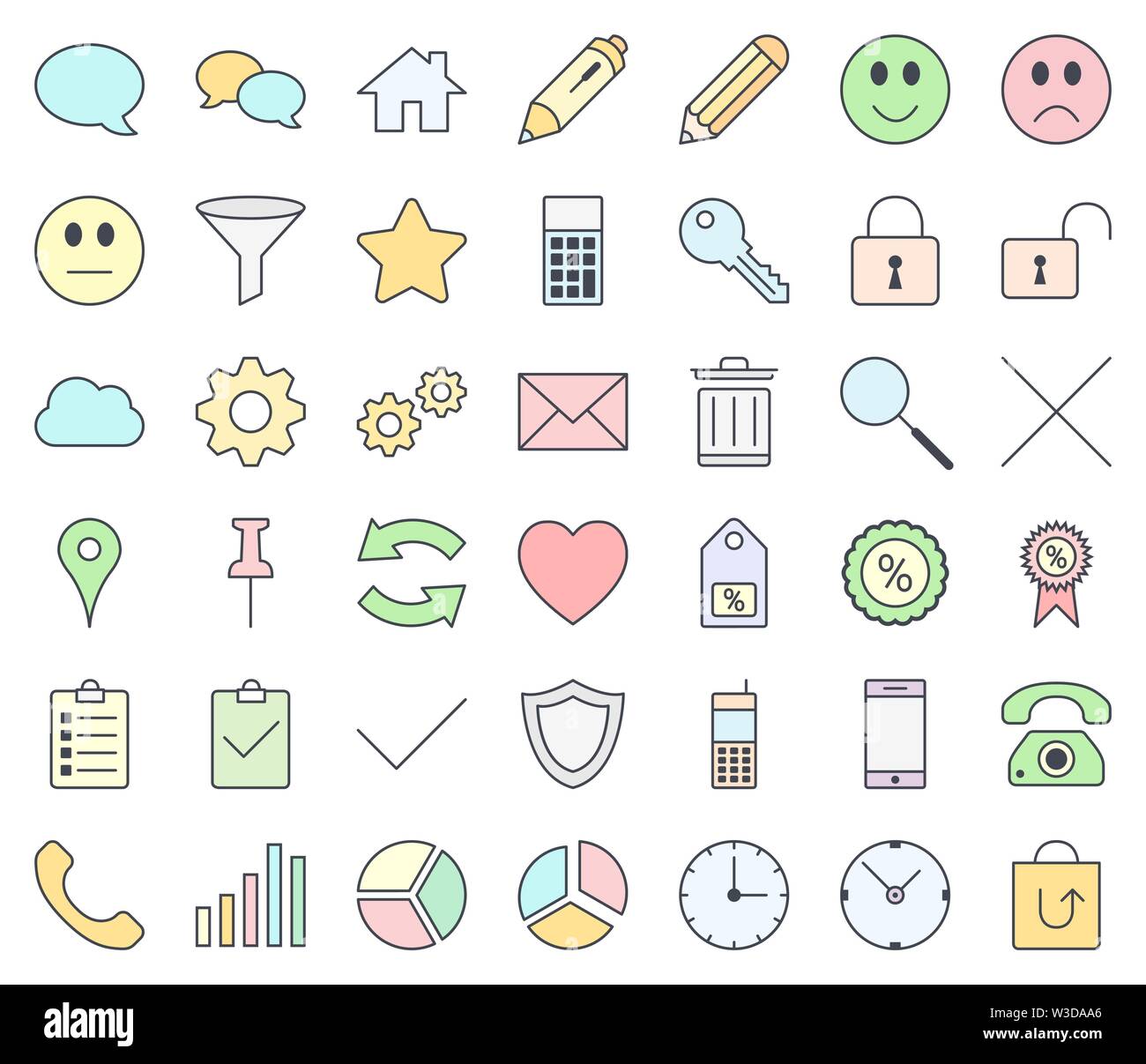 E-commerce colorful icon set isolated on white background. Pastel colors. Stock Vector