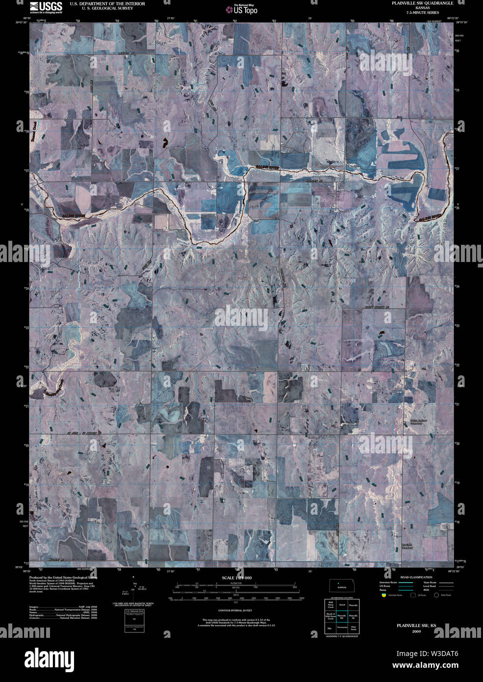 USGS TOPO Map Kansas KS Plainville SW 20091113 TM Inverted Restoration Stock Photo