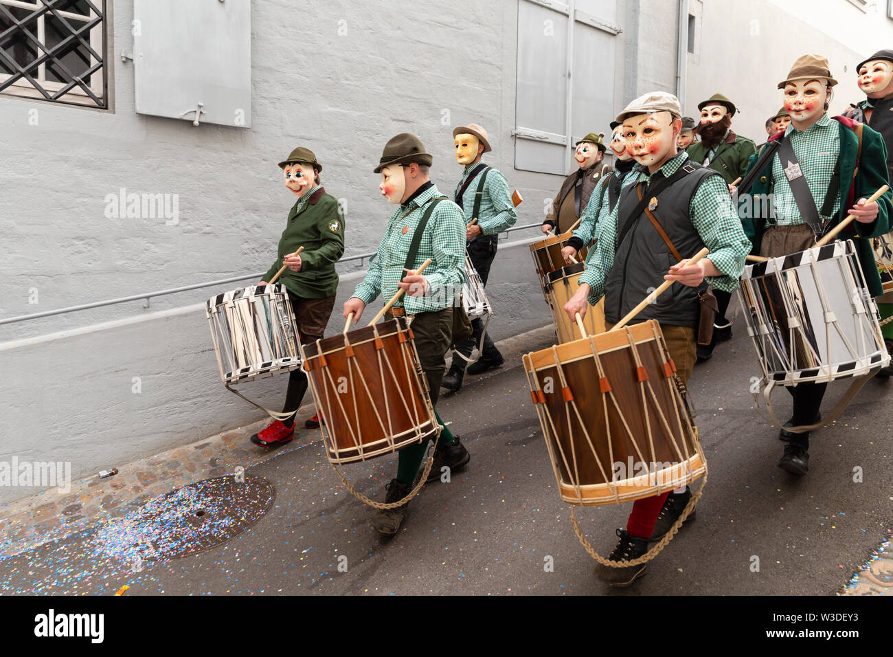 Archivgaesslein, Basel, Switzerland - March 12th, 2019. Close-up of a snare drum player group Stock Photo