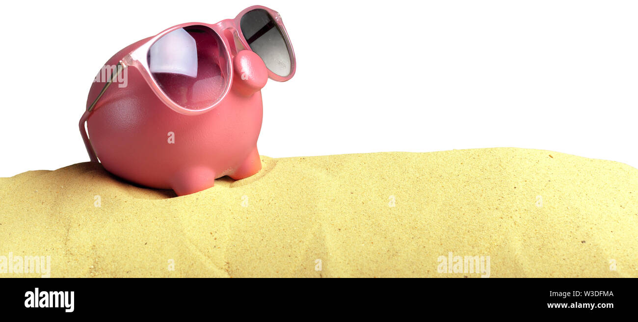 Summer piggy bank with sunglasses on the beach Stock Photo - Alamy