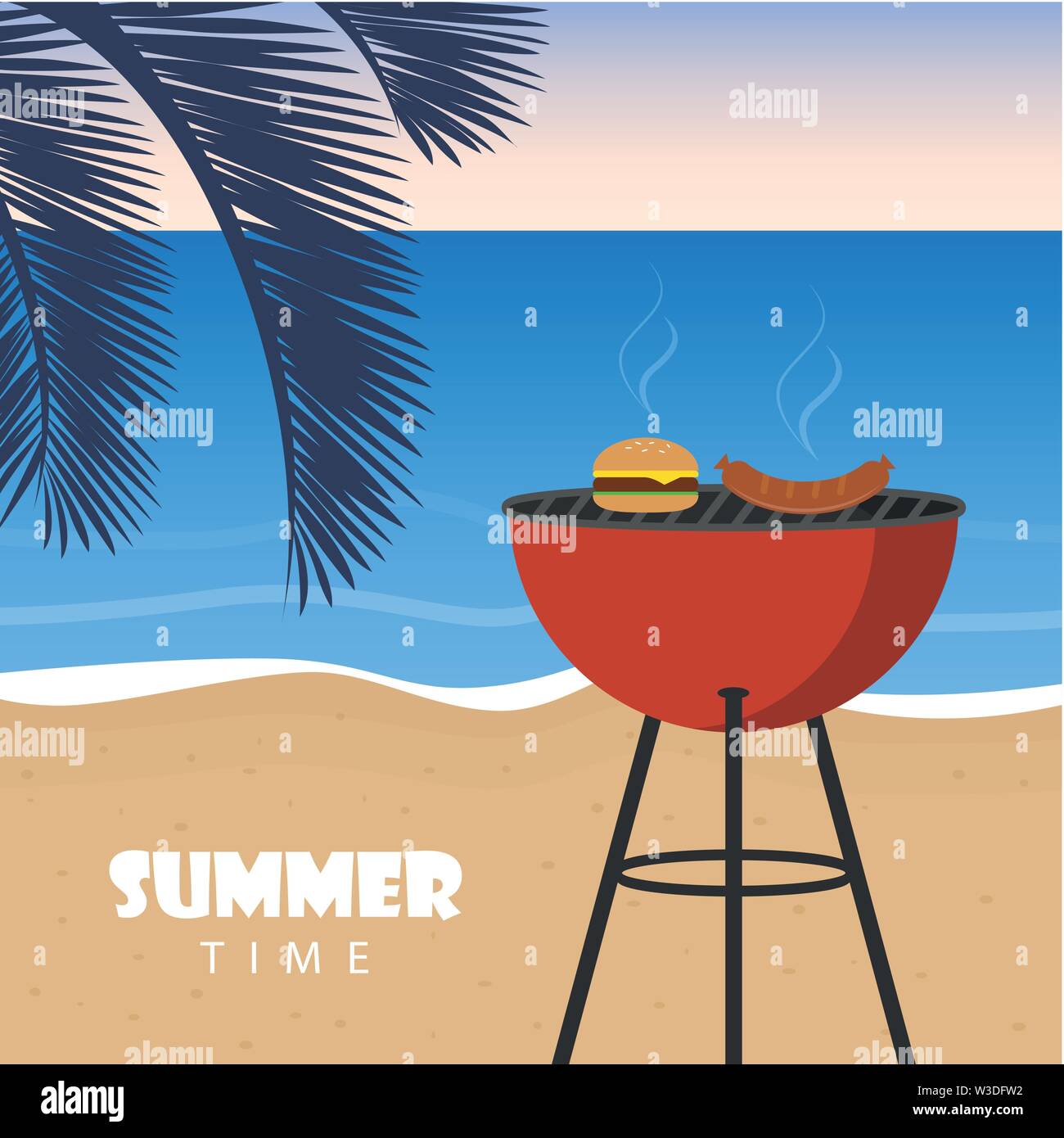 summer time barbeque on the beach with palm leaf vector illustration EPS10 Stock Vector