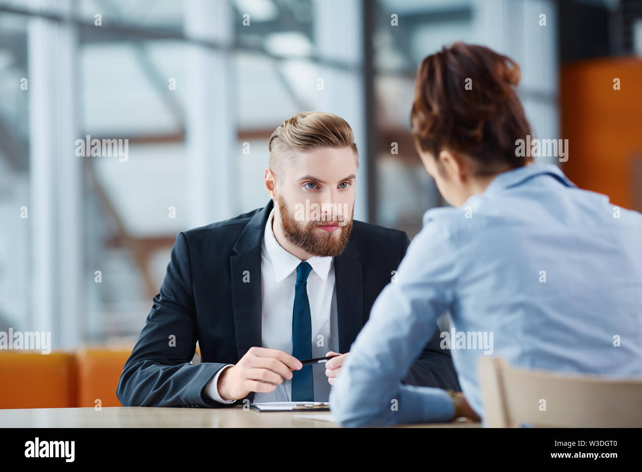 Recruiter asking questions during job interview Stock Photo Alamy