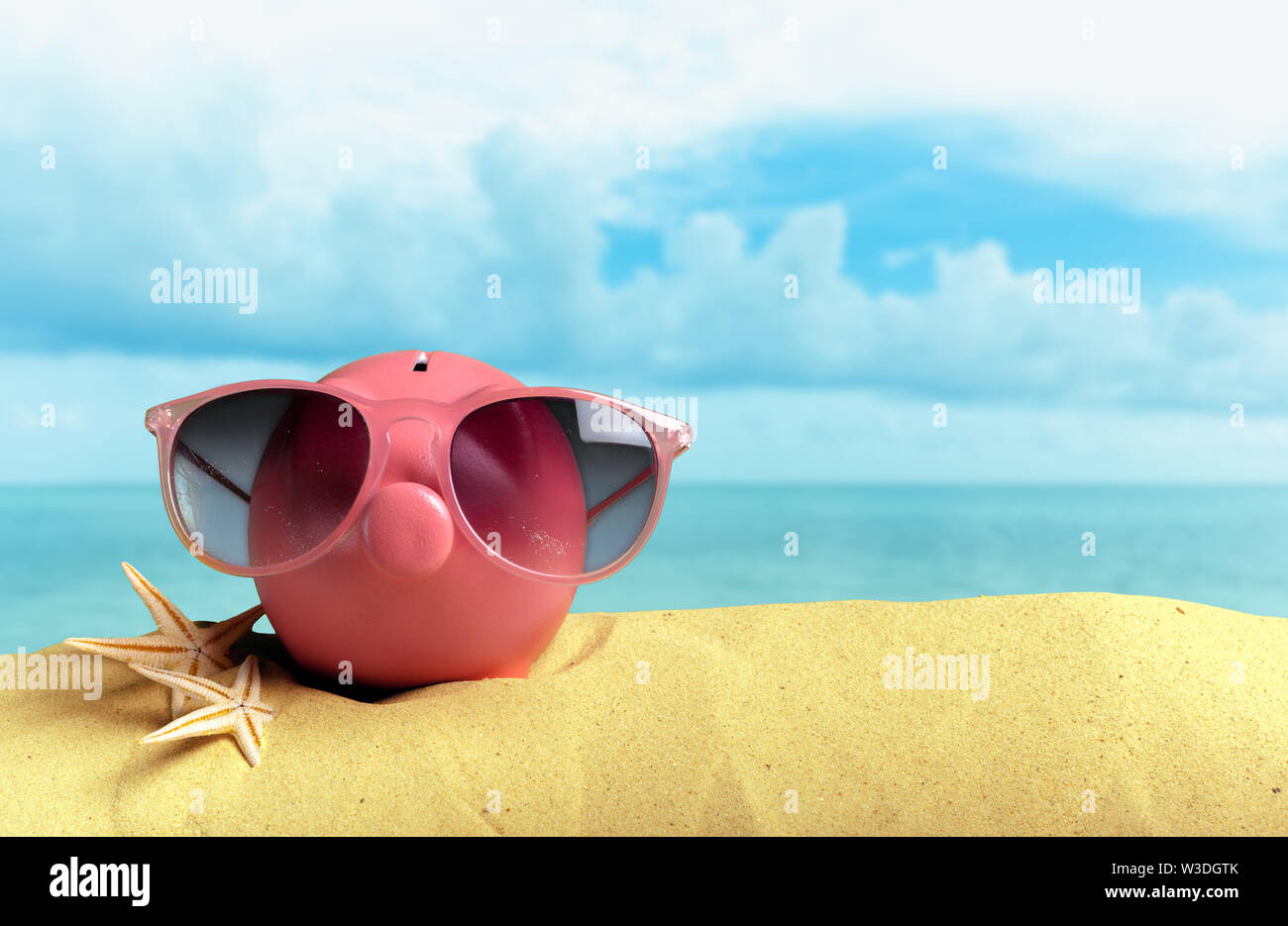 Summer piggy bank with sunglasses on the beach Stock Photo - Alamy