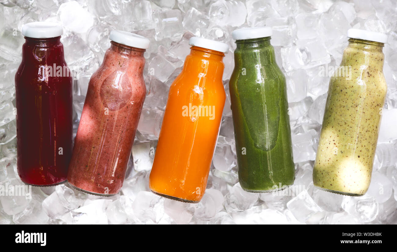 Five day ration of different fresh detox drinks in glass Stock Photo ...