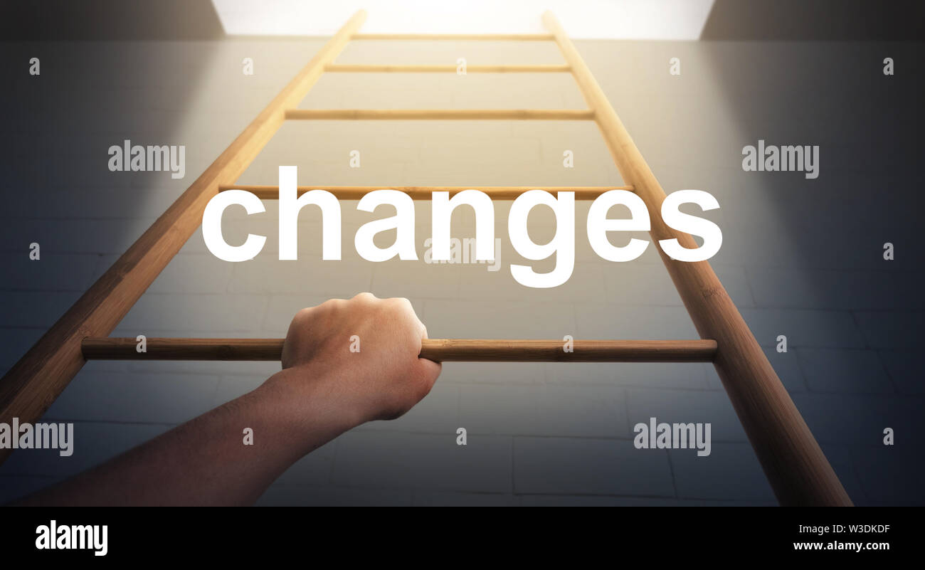 Changes Concept. Woman Moving Up Ladder Leading To Light Stock Photo