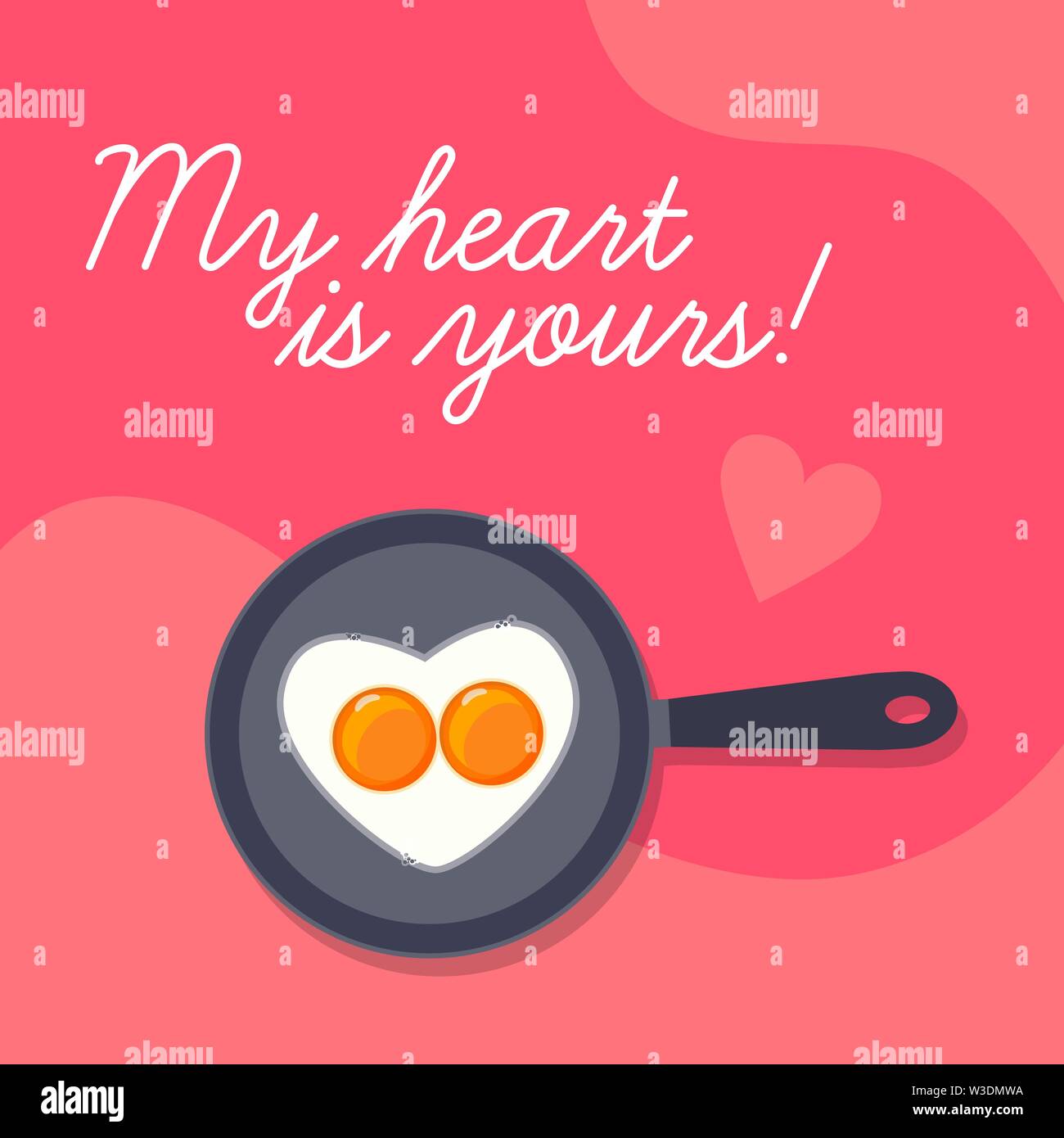 Happy Valentines Day background, lovely scrambled heart shape eggs on frying pan Stock Vector