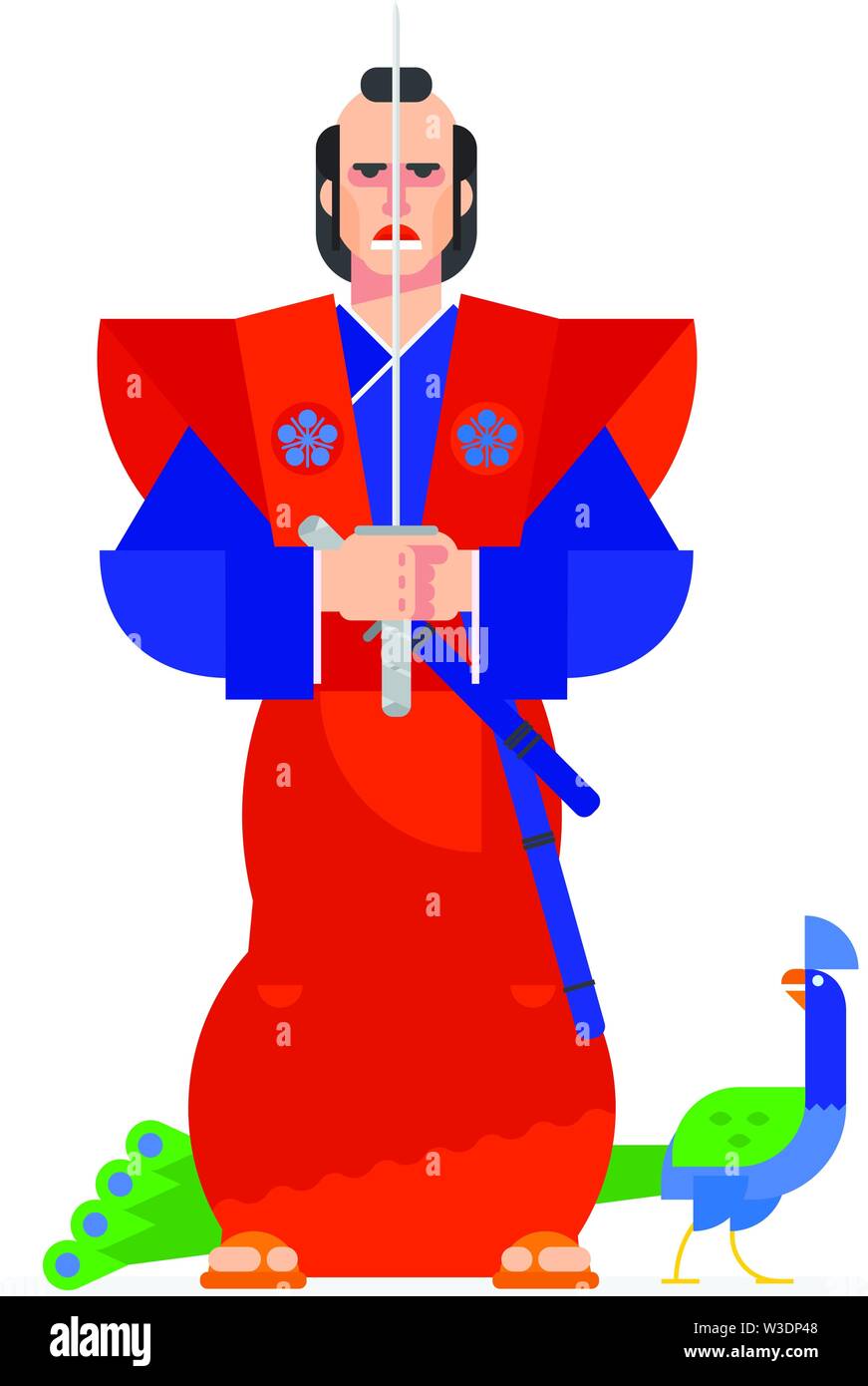 Samurai, painted in a cartoon flat style. Illustration of a Japanese warrior and peacock character. Image is isolated on white background. Stock Vector