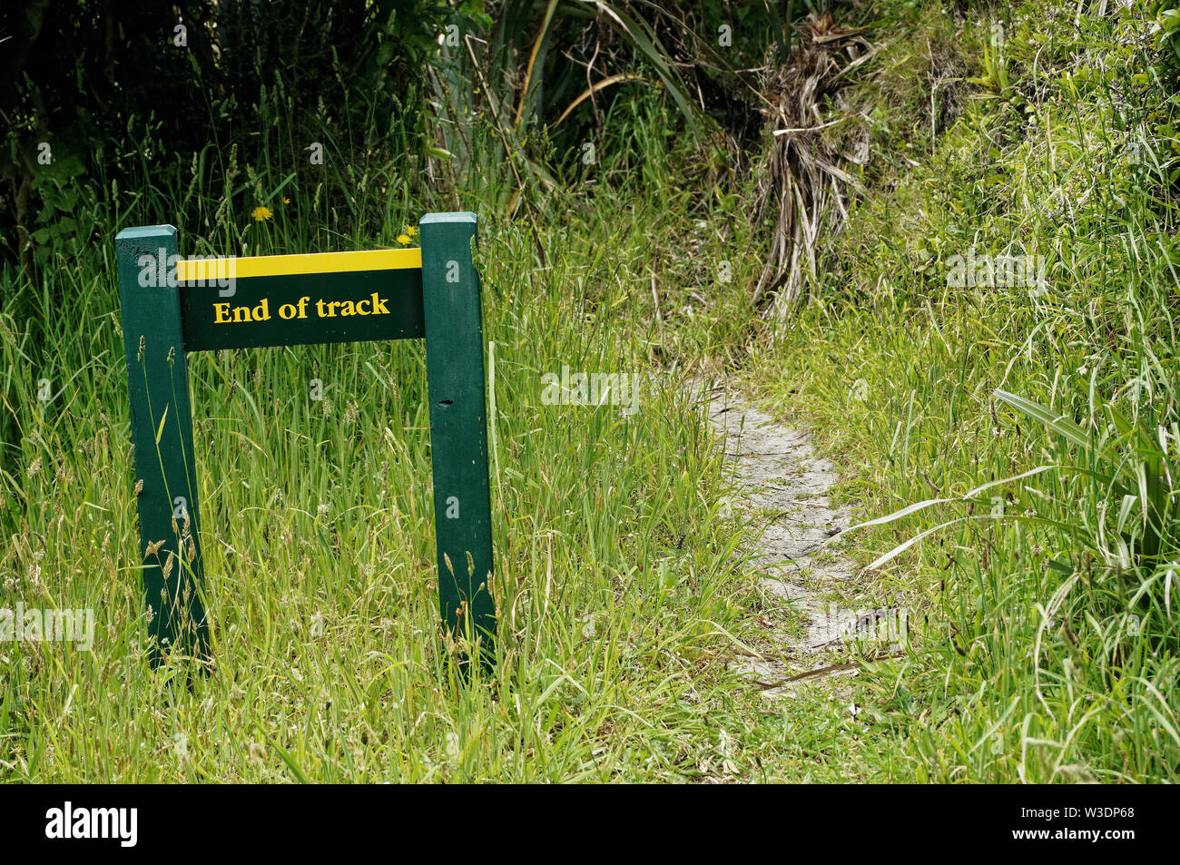 Kaihoka, Golden Bay/New Zealand - December 06, 2014: End of track sign on a Department of Conservation reserve, New Zealand. Stock Photo