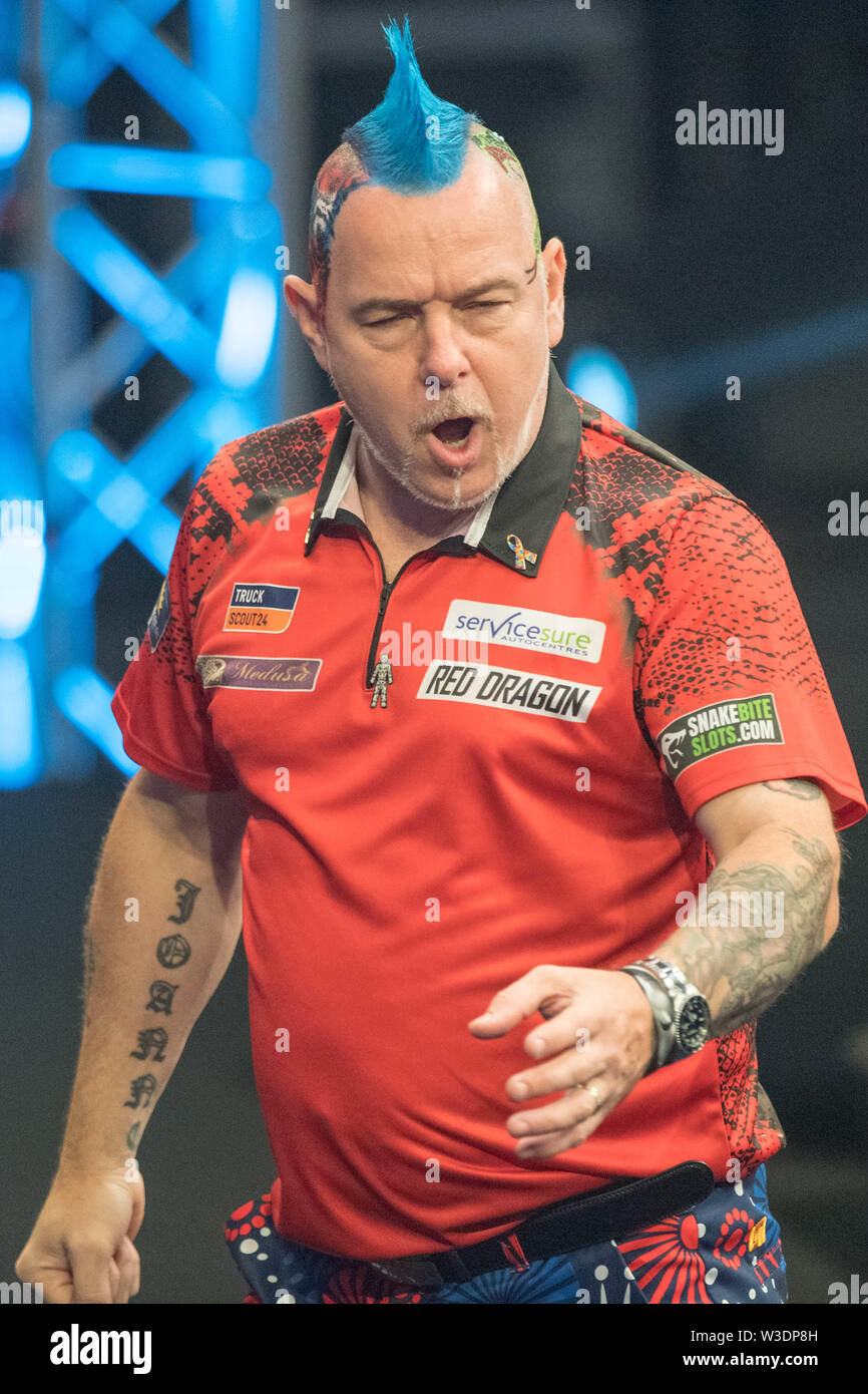 Cologne, Deutschland. July, 2019. Peter WRIGHT jubilation, cheering, cheering, joy, cheers, celebrate, cheers, half figure, half figure, portrait, German Darts Masters, on 13.07.2019 in the Lanxess arena in Koeln/Germany.